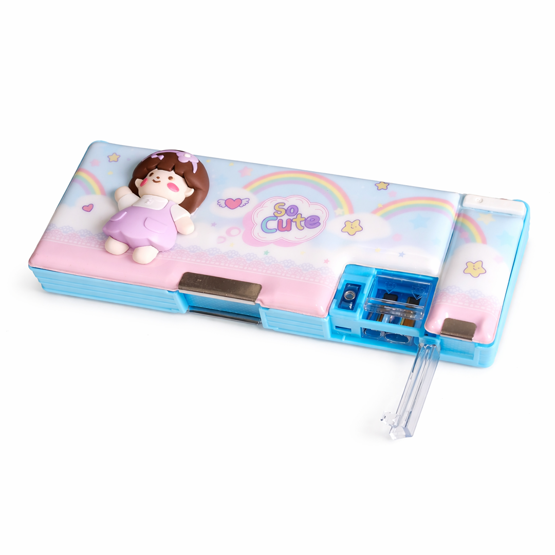 Cute Doll Theme Pencil Box with Built-in Sharpener and Compartments Pink
