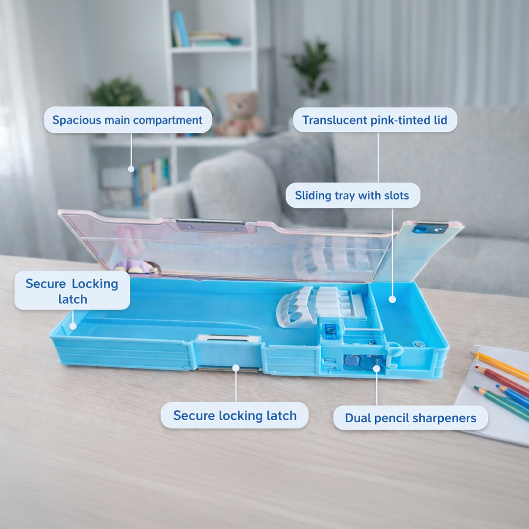 Cute Doll Theme Pencil Box with Built-in Sharpener and Compartments Pink