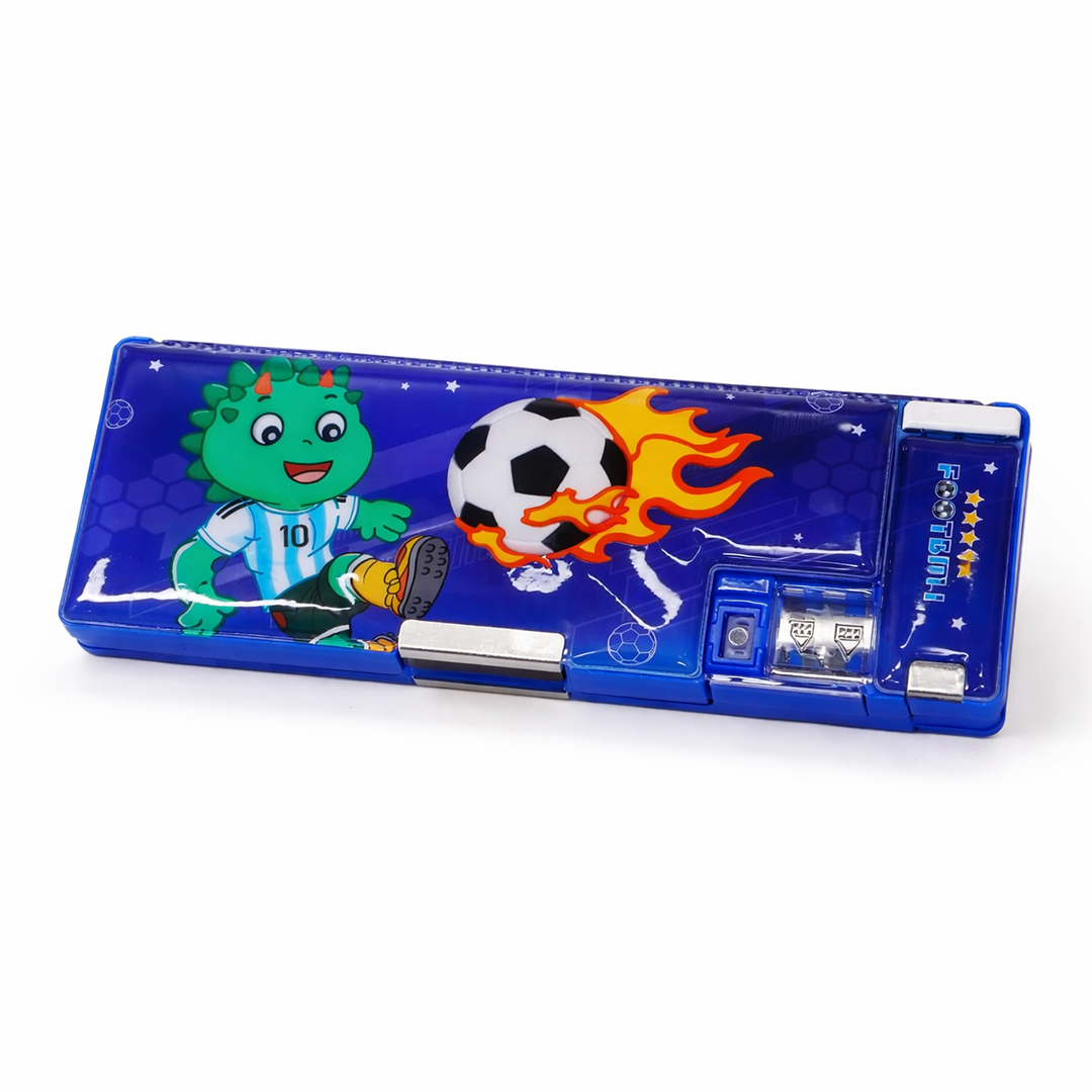 Football Theme Pencil Box with Built-in Sharpener and Compartments Blue