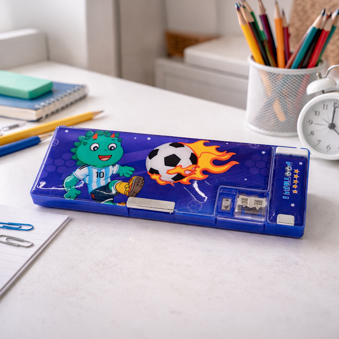 Football Theme Pencil Box with Built-in Sharpener and Compartments Blue