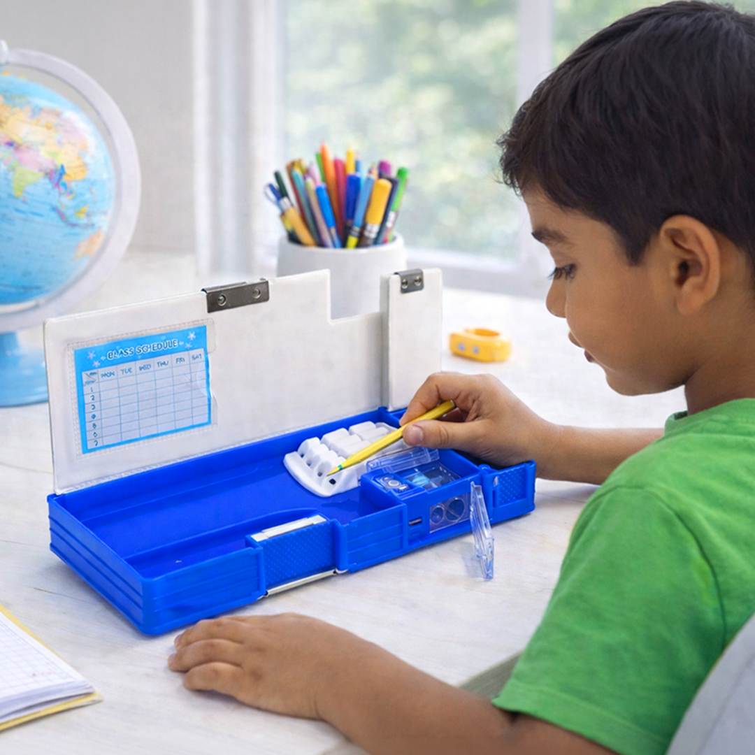 Football Theme Pencil Box with Built-in Sharpener and Compartments Blue
