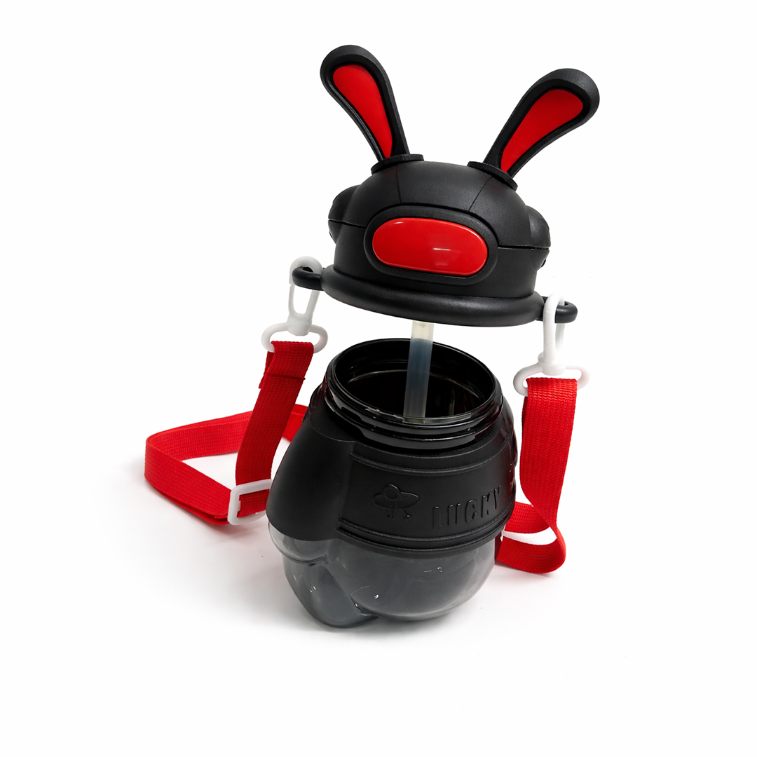Cute Bunny Ear Water Bottle with Straw and Adjustable Strap Black
