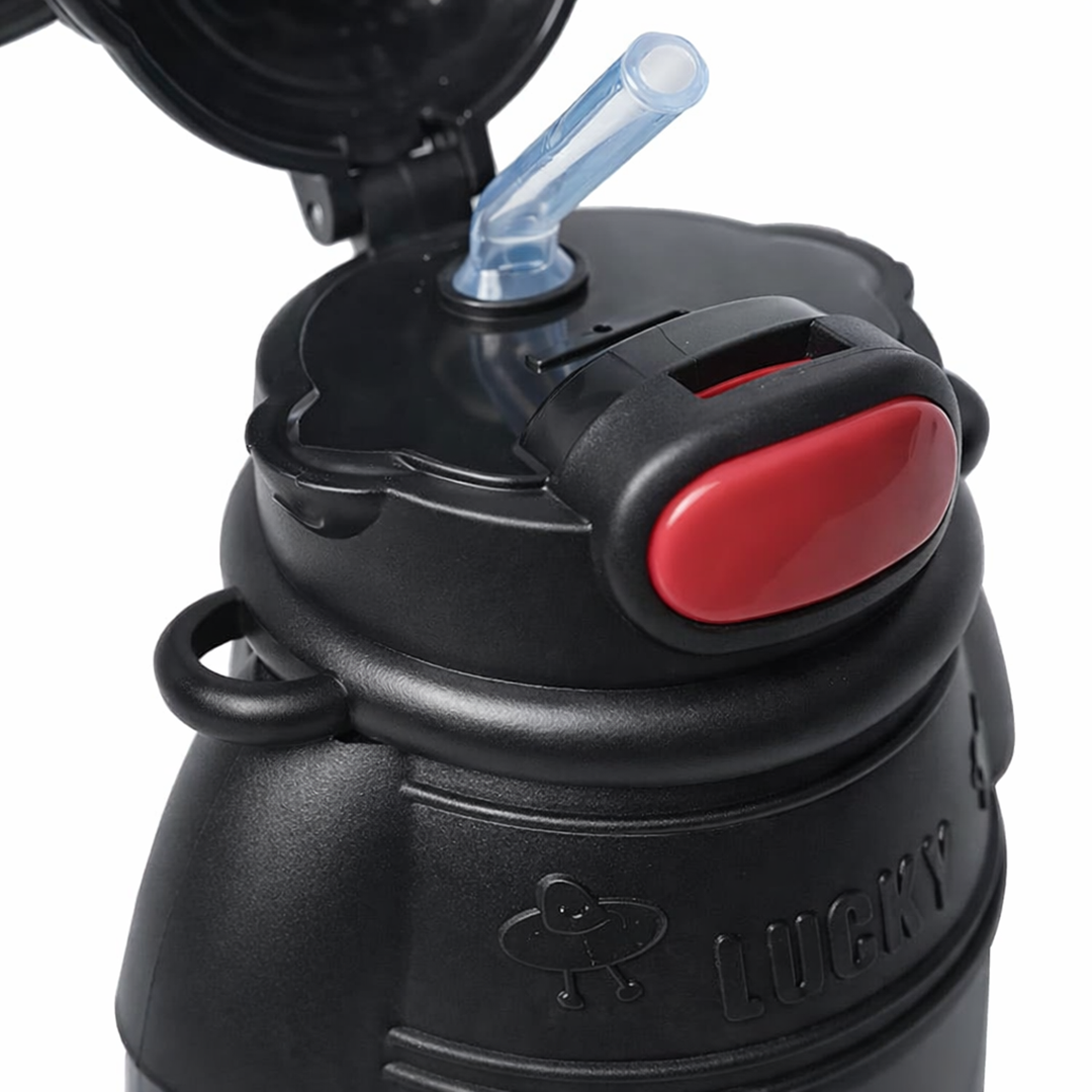 Cute Bunny Ear Water Bottle with Straw and Adjustable Strap Black