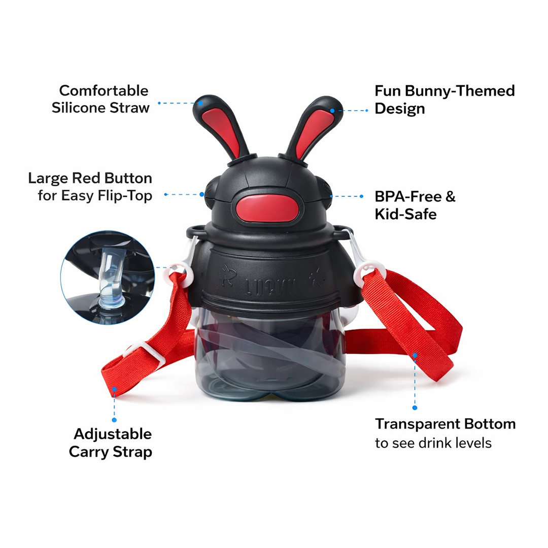 Cute Bunny Ear Water Bottle with Straw and Adjustable Strap Black