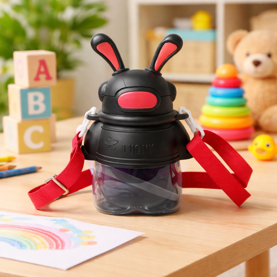 Cute Bunny Ear Water Bottle with Straw and Adjustable Strap Black