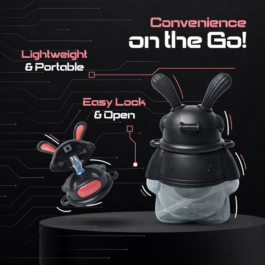 Cute Bunny Ear Water Bottle with Straw and Adjustable Strap Black