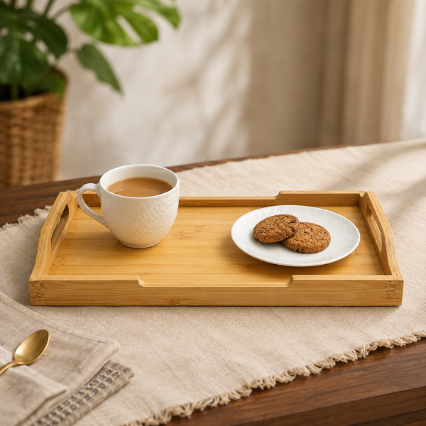 Ecoserve Natural Bamboo Wooden Serving Tray With Handles