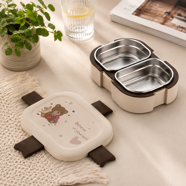 Kids Stainless Steel Brown Lunch Box 2 Compartment