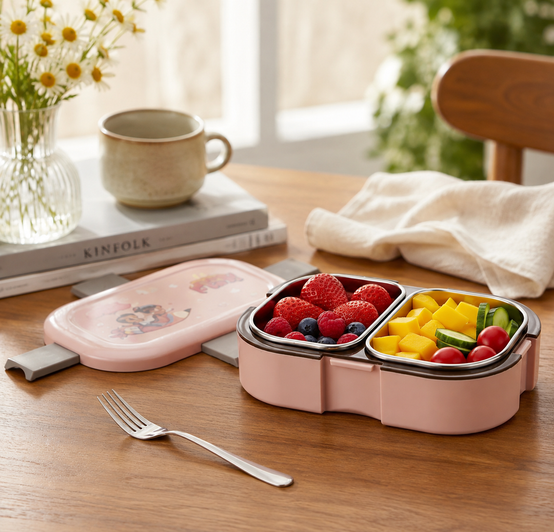 Kids Stainless Steel Pink Lunch Box 2 Compartment