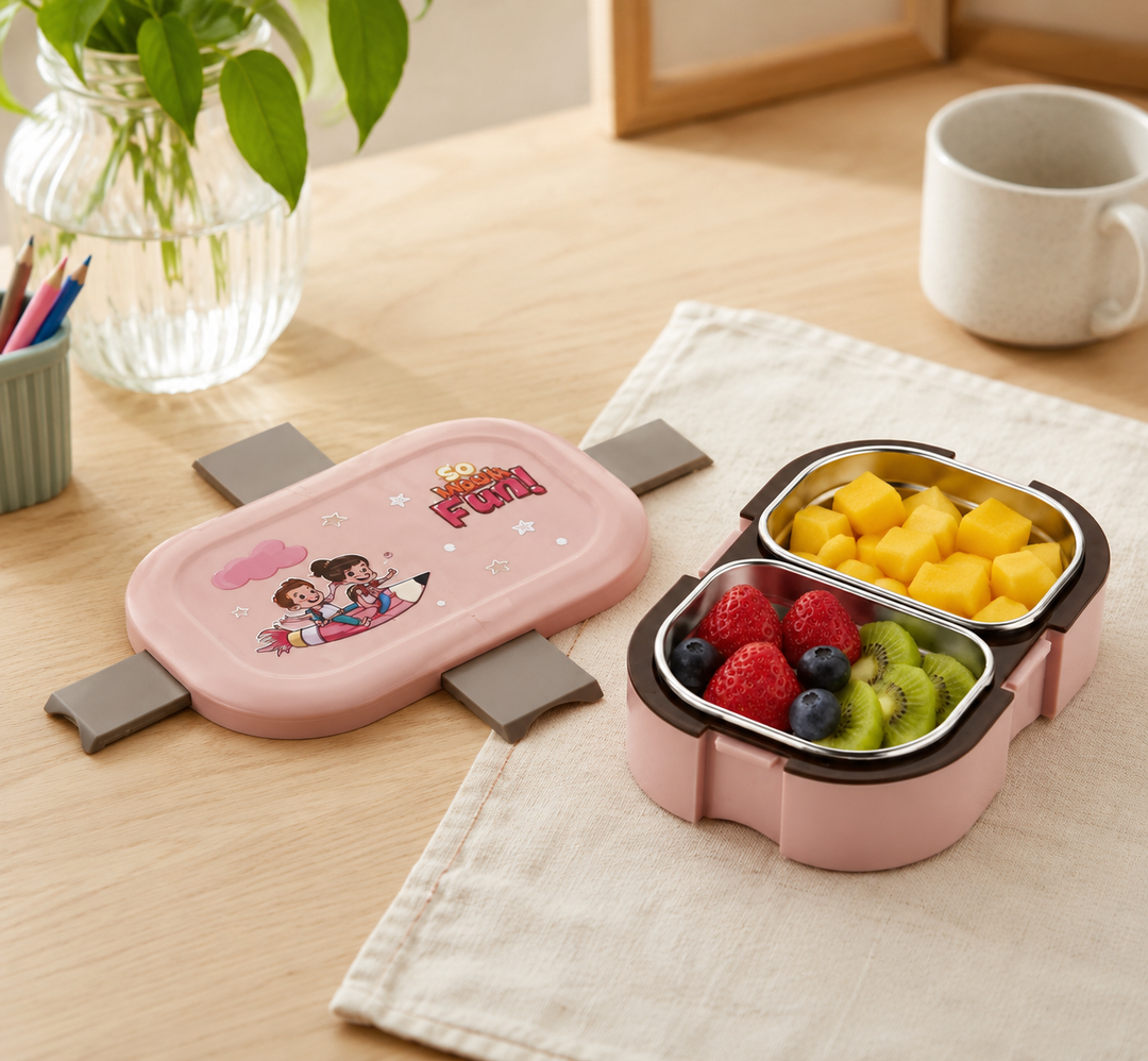 Kids Stainless Steel Pink Lunch Box 2 Compartment