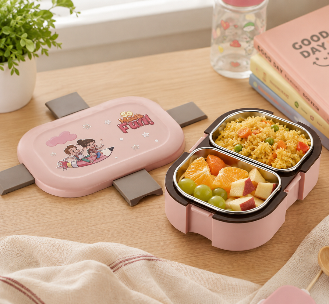 Kids Stainless Steel Pink Lunch Box 2 Compartment