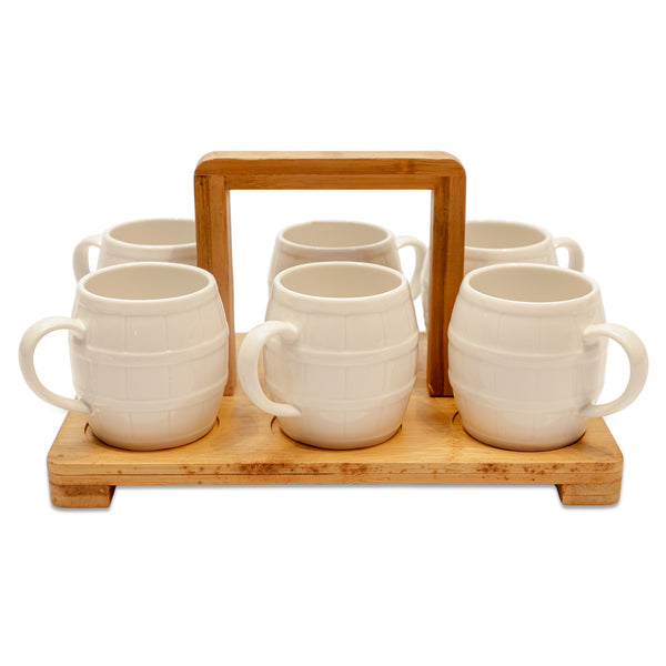 Barrel-Style Ceramic Mug Set with Wooden Carry Stand