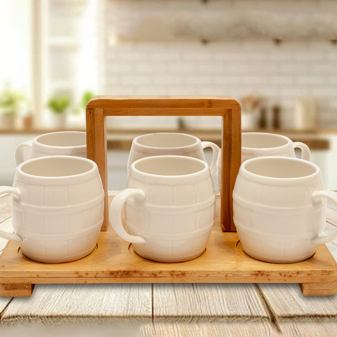 Barrel-Style Ceramic Mug Set with Wooden Carry Stand