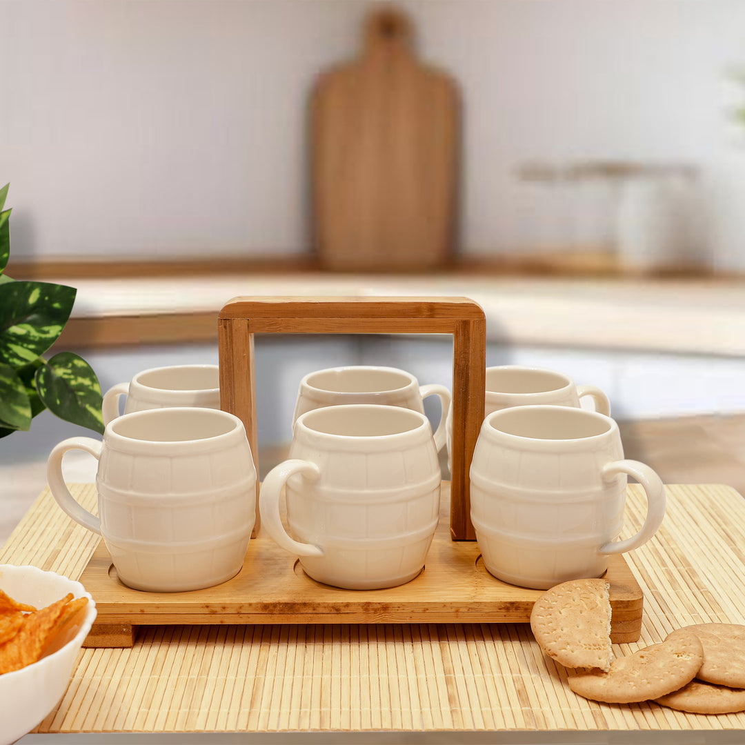 Barrel-Style Ceramic Mug Set with Wooden Carry Stand
