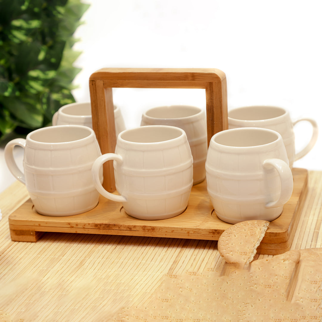 Barrel-Style Ceramic Mug Set with Wooden Carry Stand