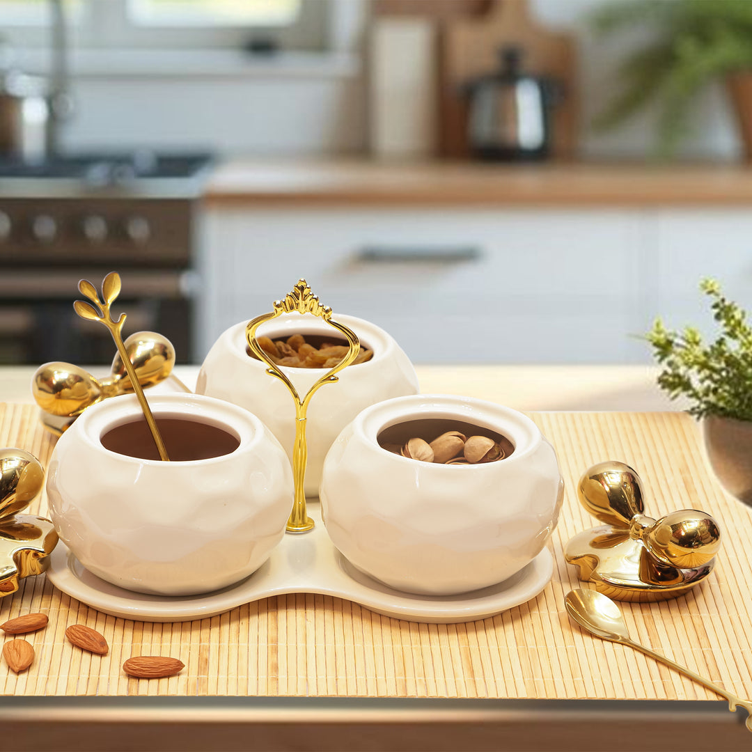 Elegant Ceramic Spice Jar Set with Golden Leaf Lids