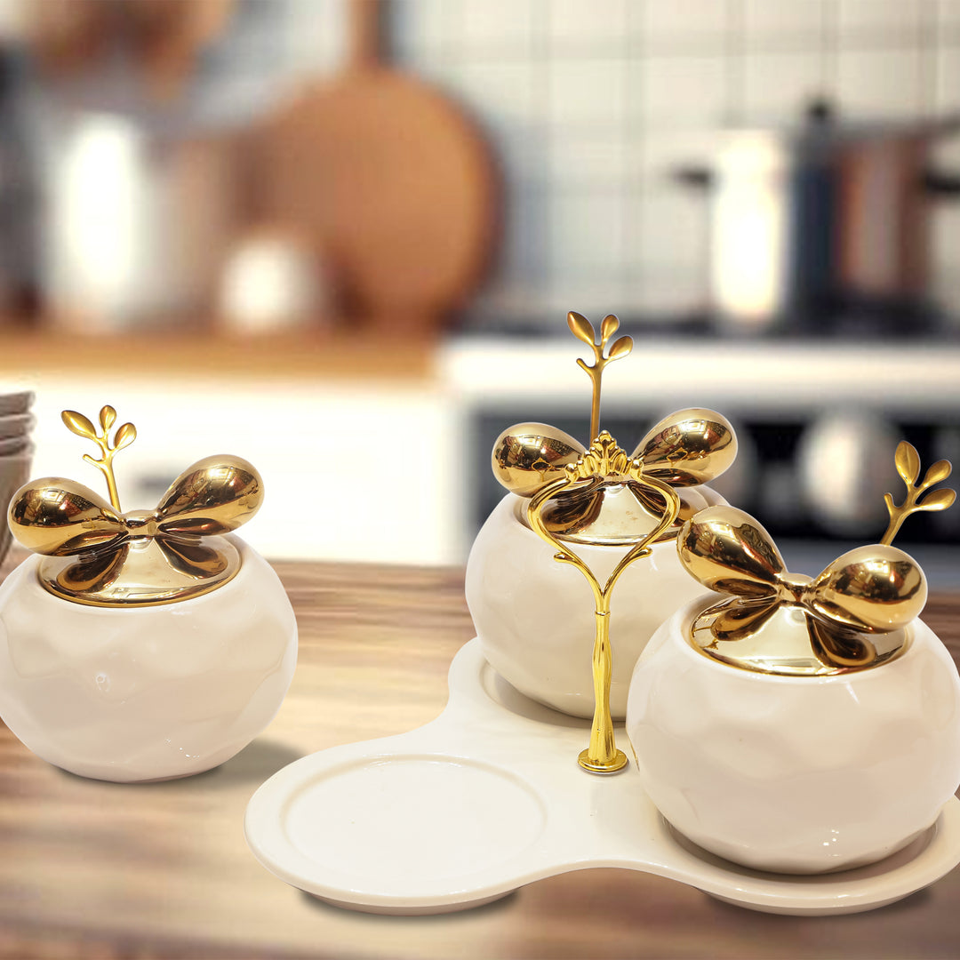Elegant Ceramic Spice Jar Set with Golden Leaf Lids