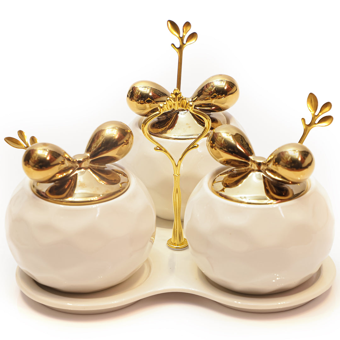 Elegant Ceramic Spice Jar Set with Golden Leaf Lids