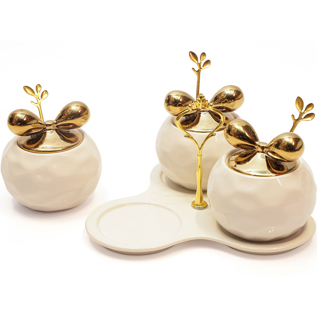 Elegant Ceramic Spice Jar Set with Golden Leaf Lids