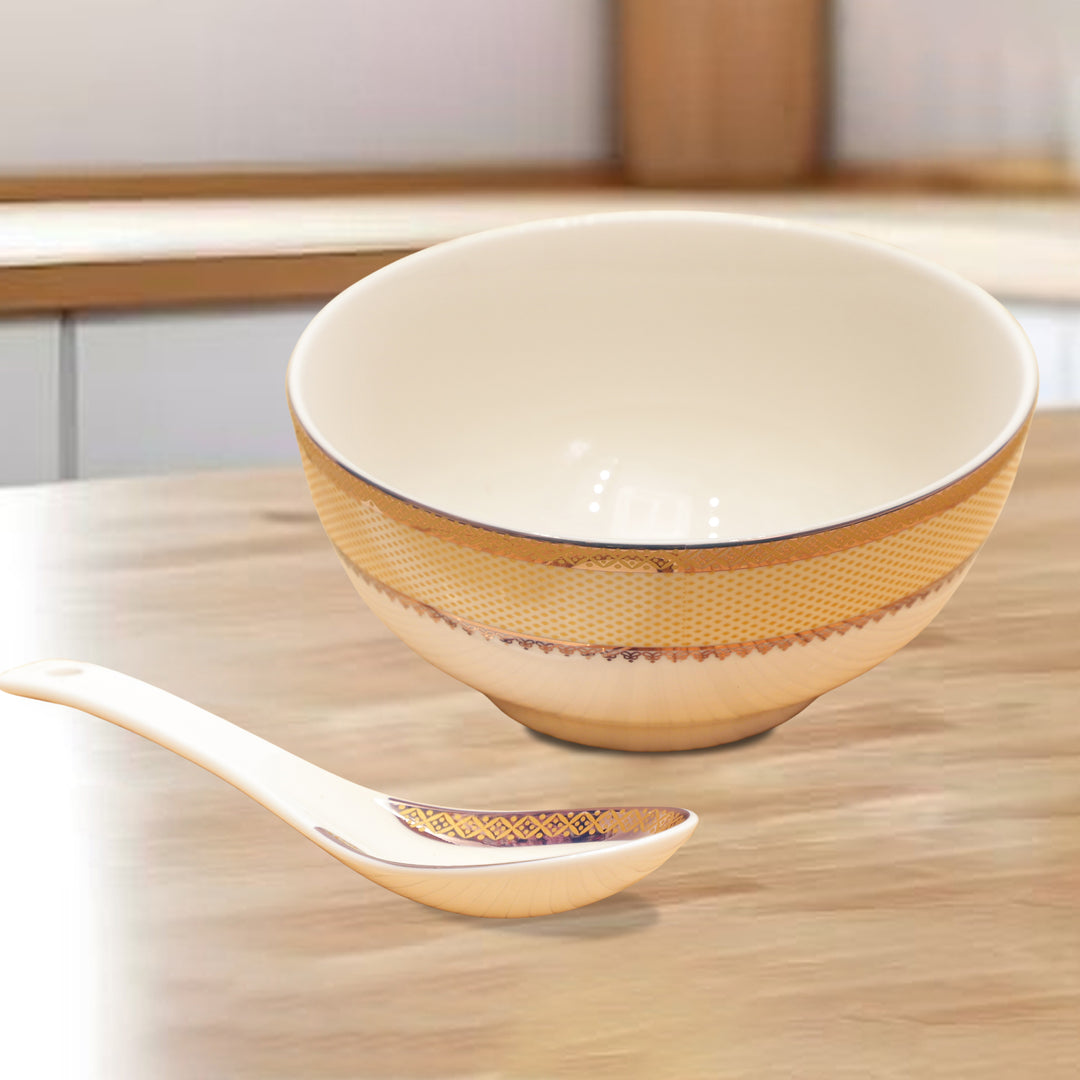 Golden Bloom Ceramic Bowl & Spoon Set