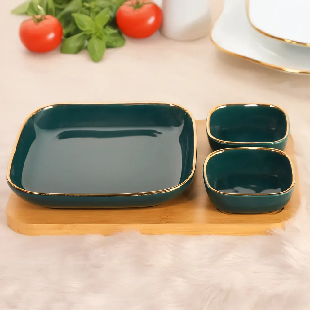 DARK GREEN GOLDEN LINED TRIO BOWL SET (3PCS) For Kitchen