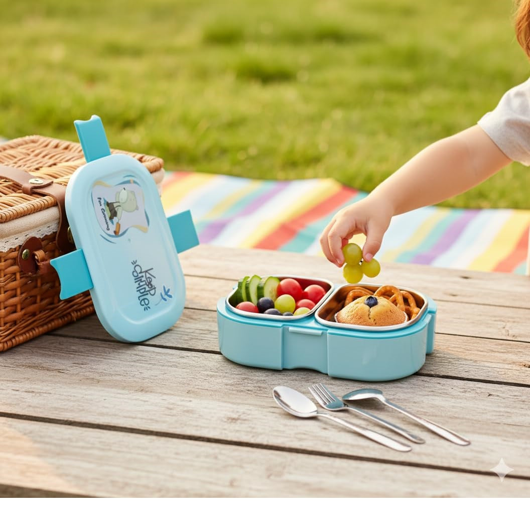 Kids Stainless Steel Blue Lunch Box 2 Compartment